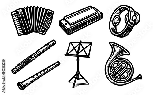 Hand drawn musical instruments collection featuring harmonica, accordion, flute, french horn, tambourine, and music stand