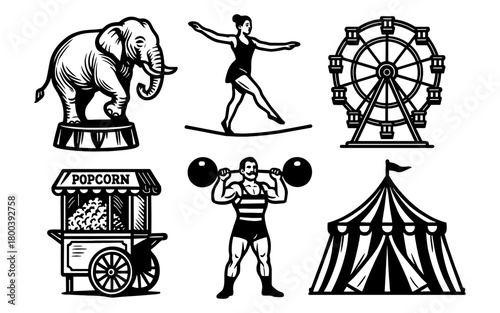 Circus icons: elephant, acrobat, strongman, ferris wheel, popcorn, tent in retro style