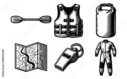 Outdoor adventure gear sketch: paddle, vest, dry bag, map, whistle, suit