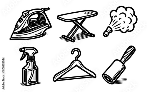 Vintage style laundry tools collection: iron, steam, spray, and more