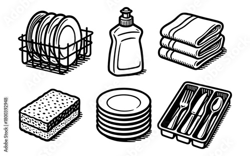 Monochrome kitchen essentials: dishes, cutlery, and cleaning supplies in bold outline design
