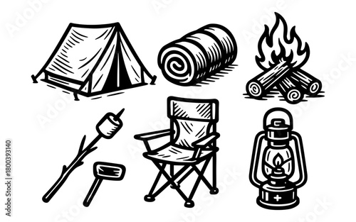 Camping essentials collection: tent, lantern, fire, chair, marshmallow in hand drawn style
