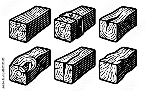 Collection of woodcut style timber blocks with unique textures and patterns