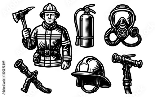 Vintage firefighting equipment and figures in monochrome design