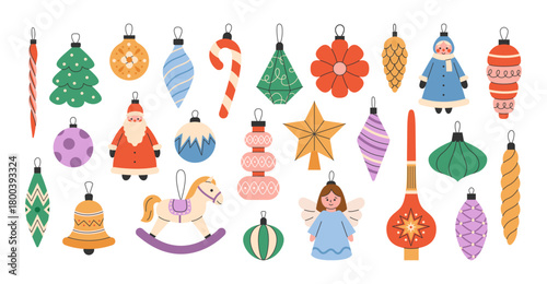 Set of vintage christmas ornaments and retro holiday characters. Classic toys, baubles, cones, stars, candy canes, rocking horse and angels in cute pastel style