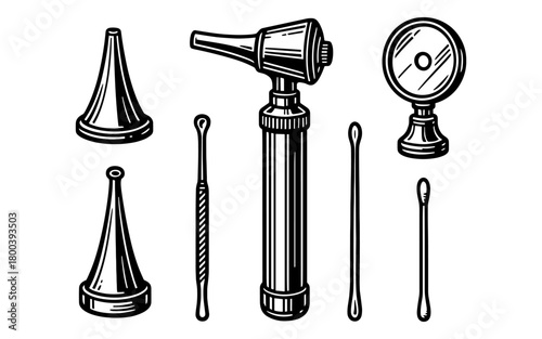 Vintage medical tools set: otoscope, specula, ear mirror, cotton swabs in retro style