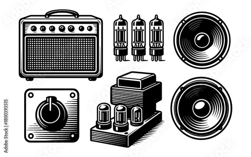 Retro musical equipment set with amplifier and vacuum tubes in black and white design