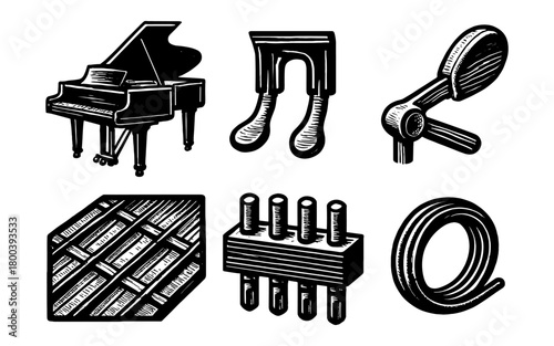 Retro woodcut style musical instruments and accessories collection