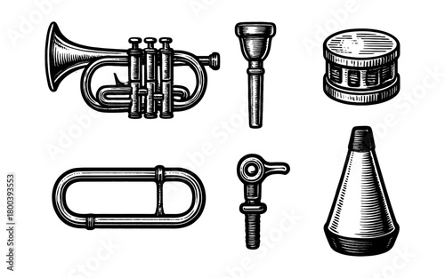 Hand drawn musical instruments and accessories set in vintage style