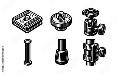 Retro engraved camera equipment elements detailed in black and white