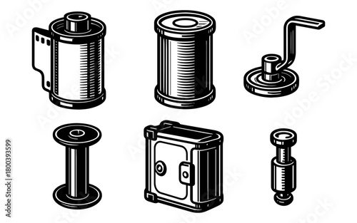 Retro camera equipment icons in black and white line art style
