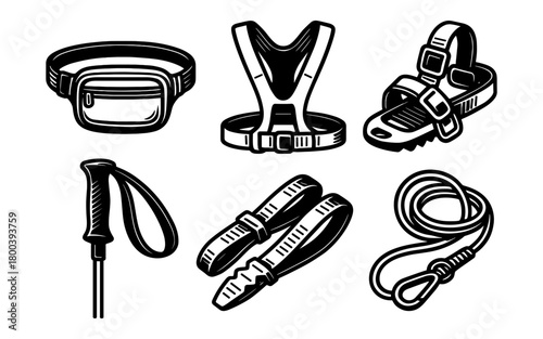 Essential hiking gear set in retro style: backpack, harness, crampon, pole, and rope