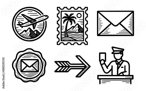 Vintage travel and mail icons in black and white linear style