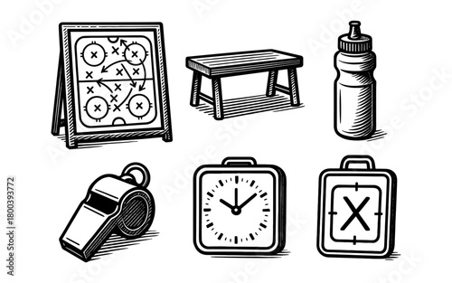 Hand drawn sports coaching tools: strategy board, whistle, and stopwatch sketches