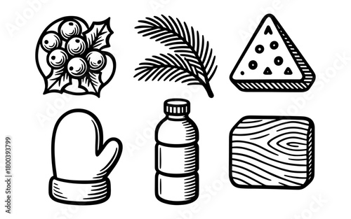 Winter holiday icons with hand-drawn style featuring nature and seasonal elements