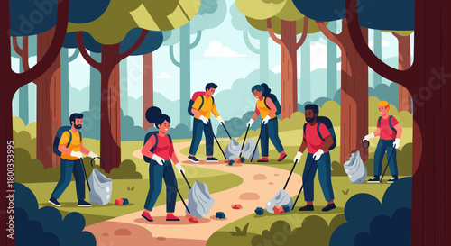 Volunteers Cleaning Forest Trails And Picking Up Litter Together