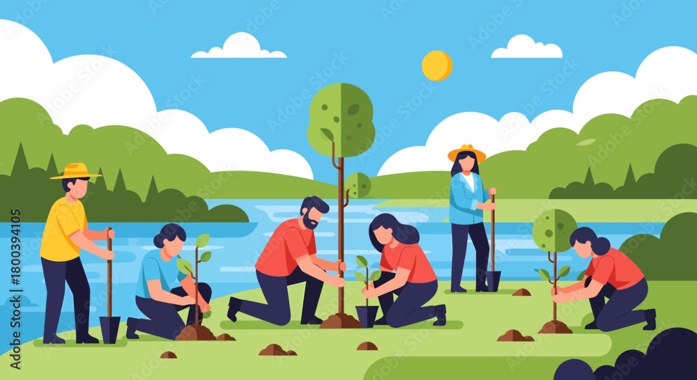 Fototapeta premium Volunteers Planting Trees For Environmental Conservation And Community Involvement