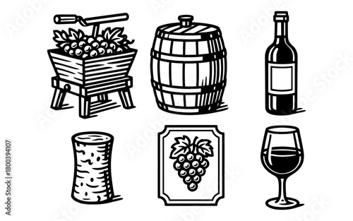 Vintage winery icons with wine barrel, bottle, and grapevine art in black and white