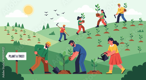 Volunteers Planting Trees For Environmental Conservation And Sustainability