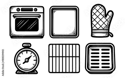 Hand-drawn kitchen baking utensils with oven and accessories in vintage style