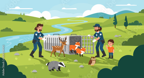 Wildlife Relocation Program With Officers Assisting Animals Release