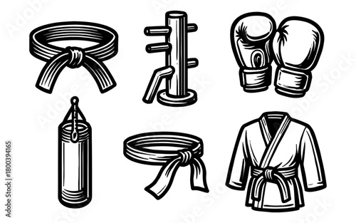 Martial arts gear and equipment: black and white design featuring gloves, belt, and punching bag
