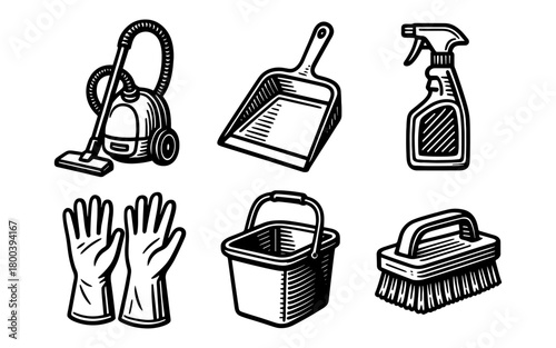 Vintage cleaning tools set: retro style icons of household equipment
