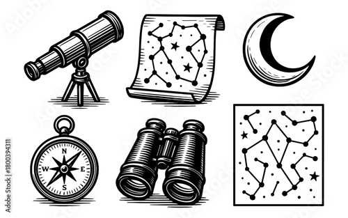 Vintage astronomy icons: telescope, compass, star map & celestial symbols in black and white