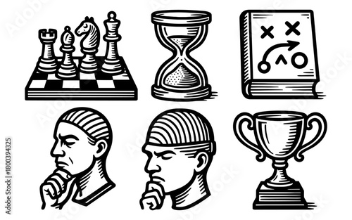 Strategic icons: chess, planning, and time management in vintage design