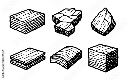 Hand drawn set of various textured wood and stone blocks