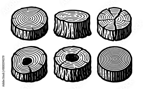 Hand drawn tree trunk cross sections with distinctive growth rings