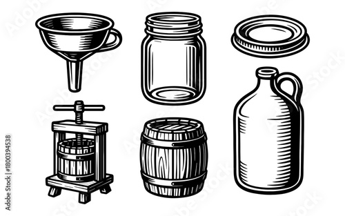 Vintage line art of rustic cider making tools and storage containers