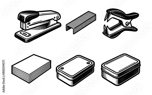 Vintage office supplies set with stapler, staple remover, and paper clips in engraved style