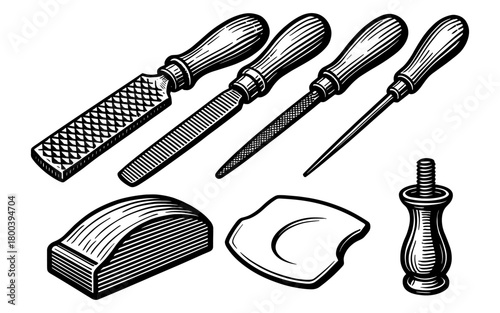 Vintage engraving style woodworking tools with classic handles