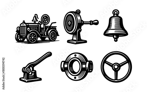 Vintage industrial equipment illustrations: retro machinery and tools collection