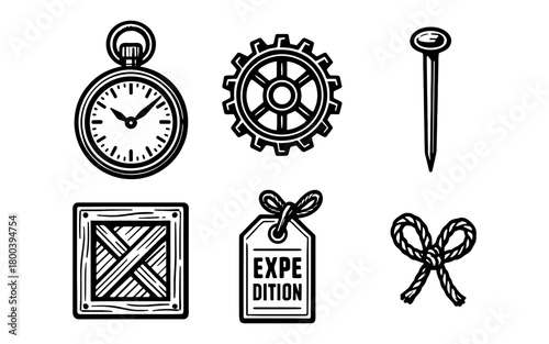Hand drawn vintage adventure icons: watch, gear, nail, crate, tag, rope