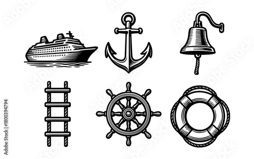 Nautical elements set featuring anchor, cruise ship, bell, and lifebuoy in vintage style