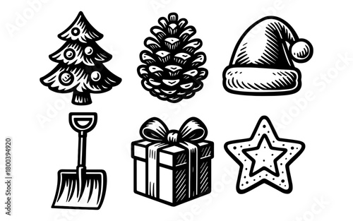 Festive holiday doodles featuring christmas tree and santa hat