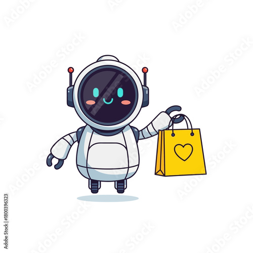 Single Vector Icons of Cute Robot Character Holding Shopping Bag with Heart Icon. EPS Editable