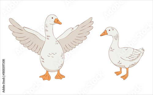 adorable geese characters with various poses and expressions vector art isolated on white background