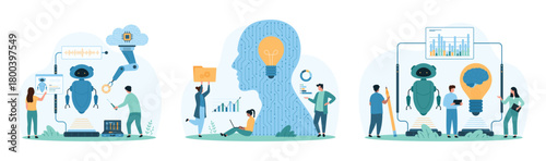 Machine learning, tech innovation and creative ideas from AI set. Tiny people work with artificial brain on data analytics and bot design, robotic arm building robot cartoon vector illustration