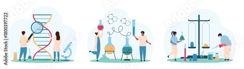 Genetic and chemistry research set. Tiny people with magnifying glass test DNA molecule, test chemical reaction of liquid reagents in flasks, weigh materials on lab scale cartoon vector illustration
