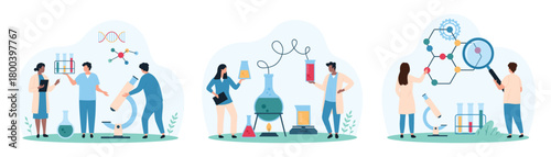 Chemistry research, molecular analysis set. Tiny people study chemical reaction of boiling on burner reagents in test tubes, work with lab microscope and magnifying glass cartoon vector illustration