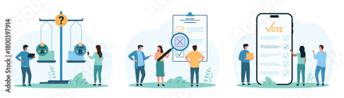 Decision making process, study of voting result data set. Tiny people vote in mobile app and check solution with magnifying glass, choose yes or no answer to question cartoon vector illustration