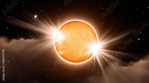 Bright orange sun with radiant flares emerging from behind dark clouds, illuminating the night sky, creating a stunning celestial display of light and energy