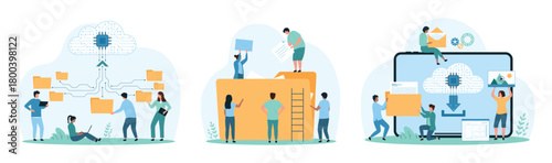 Cloud data storage service set. Tiny people put digital document in folder, work with cloud directory and network of archives, download and transfer information for sharing cartoon vector illustration