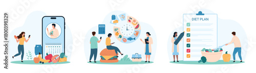 Weight loss program, diet planning set. Tiny people eat healthy food, control diet list on mobile app, clipboard and chart planner schedule with clock and nutrients list cartoon vector illustration