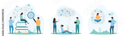 Dyslexia, learning, reading text and understanding problem set. Tiny people try to recognize letters of chaos with magnifying glass, support patient with dyslexic syndrome cartoon vector illustration
