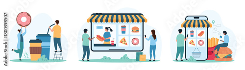 Fast food order in mobile app and delivery. Tiny people choose snacks from interface menu category on screen of big smartphone and tablet, hold donut and soda water drink cartoon vector illustration