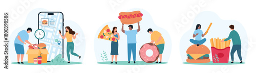 Order and delivery set from fast food restaurant, couriers route tracking in mobile app. Tiny people hold donut and fries, slice of pizza and hotdog, check time on city map cartoon vector illustration